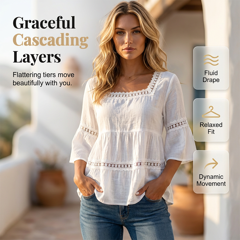 Elegant Square Neck Summer Blouse – Boho Lace, Bell Sleeves, Tiered Flow - Image 2