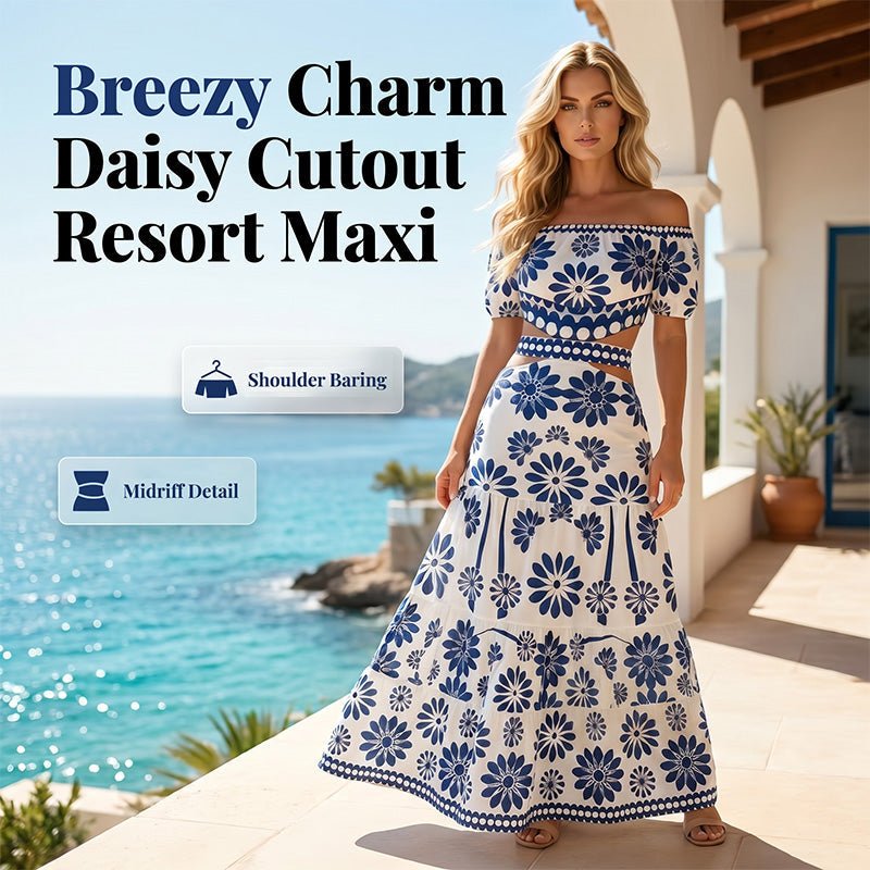 Women's Off-Shoulder Midi Dress – Daisy Print, Waist Cutout & Flattering Flowy Fit – Tropical Chic