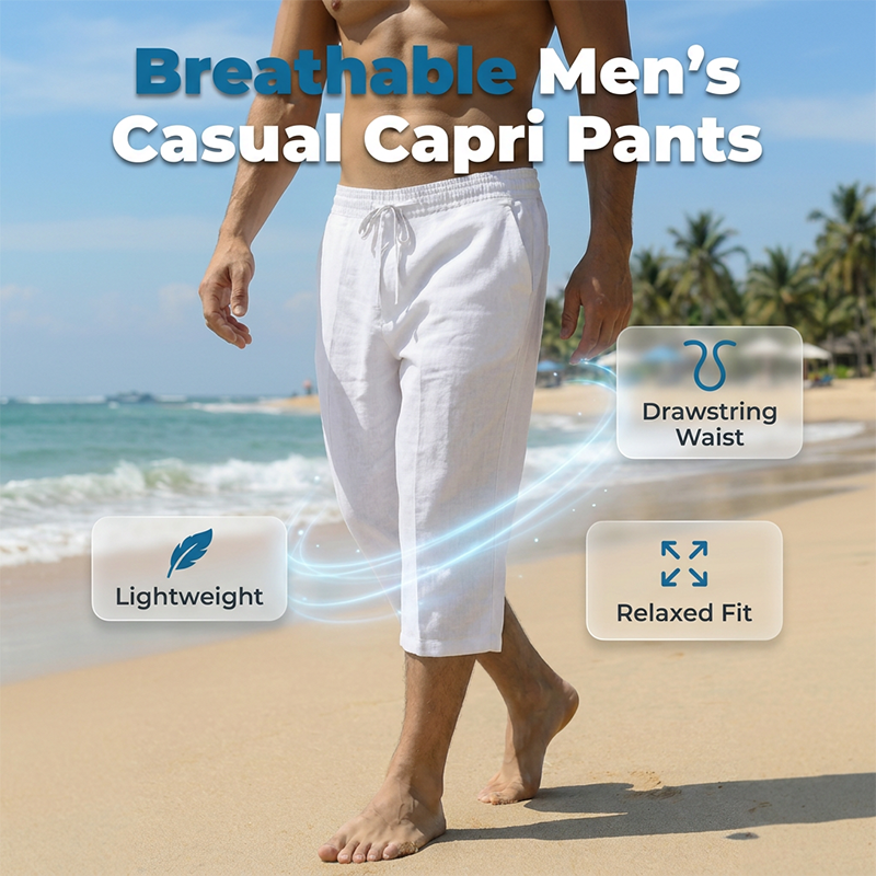 Men's Breathable Linen Blend Capri Pants | Adjustable Drawstring Summer Trousers with Deep Pockets - Limited