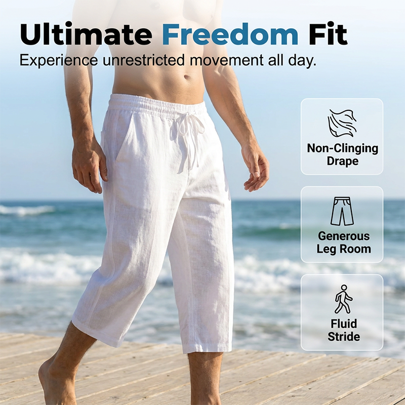 Men's Breathable Linen Blend Capri Pants | Adjustable Drawstring Summer Trousers with Deep Pockets - Limited - Image 3