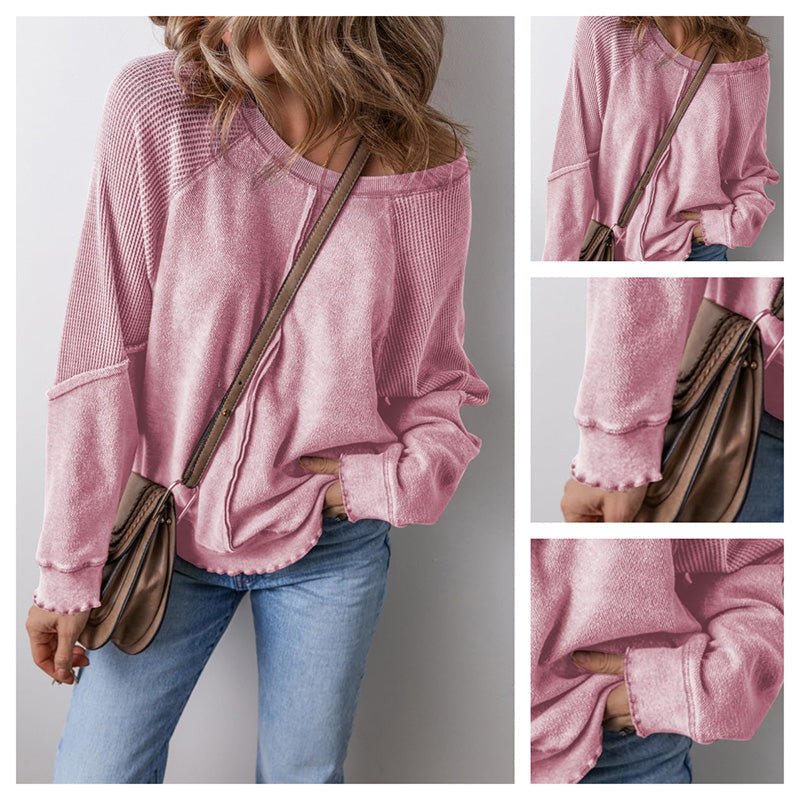 Women's Waffle Knit Long Sleeve Top | Casual Round Neck & Loose Fit Pullover | Soft Wrinkle-Resistant Basic Tee for Office & Weekend