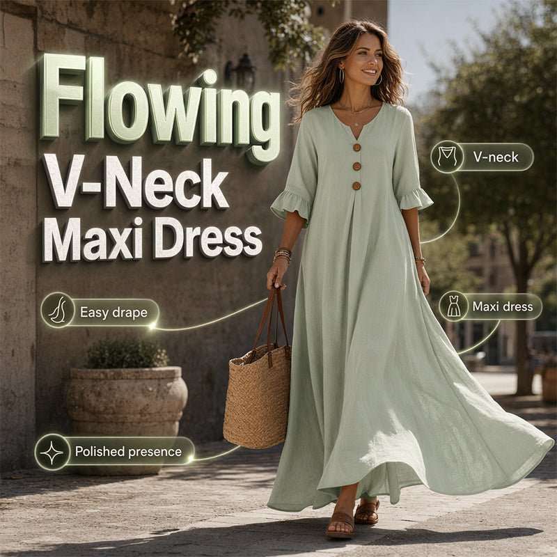 Women's V-Neck Loose Maxi Dress – Flowing Silhouette, Soft Drape, Day to Dinner