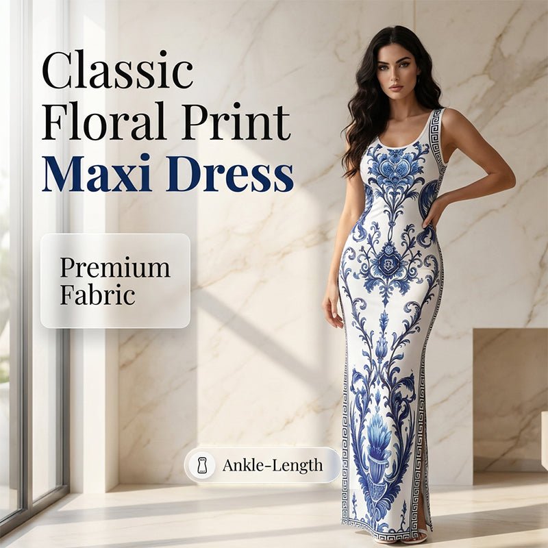 Women's Classic Floral Print Maxi Dress – Bodycon, Side Slit, Porcelain Pattern