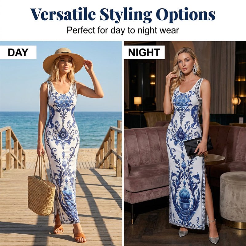 Women's Classic Floral Print Maxi Dress – Bodycon, Side Slit, Porcelain Pattern - Image 3