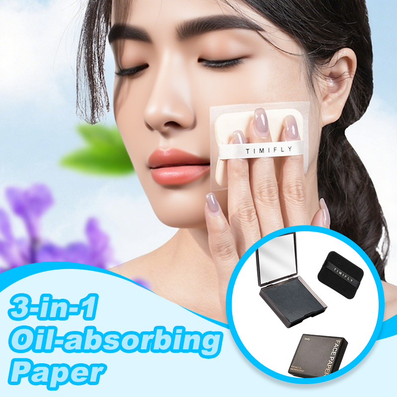 3‐in‐1 Oil‐Absorbing Paper – Blot, powder & mirror in one. Instant matte finish, no mess. Pocket‐sized summer essential