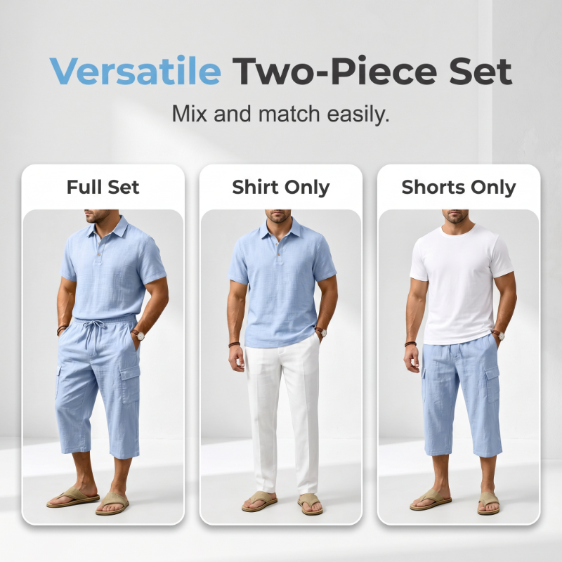 Men Summer Linen Set Loose Shirt and Cargo Shorts Two Piece Outfit - Image 3