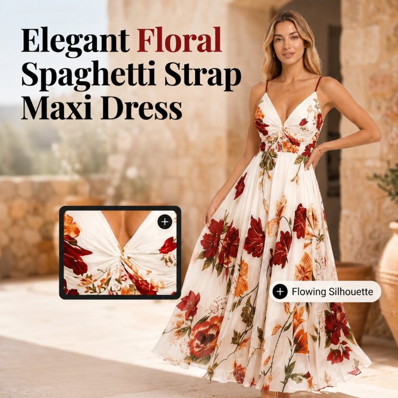Women's Printed Spaghetti Strap Maxi Dress – Designed to flatter with a V-neckline, adjustable thin straps & a flowing A-line silhouette. A timeless, feminine piece for warm-weather occasions