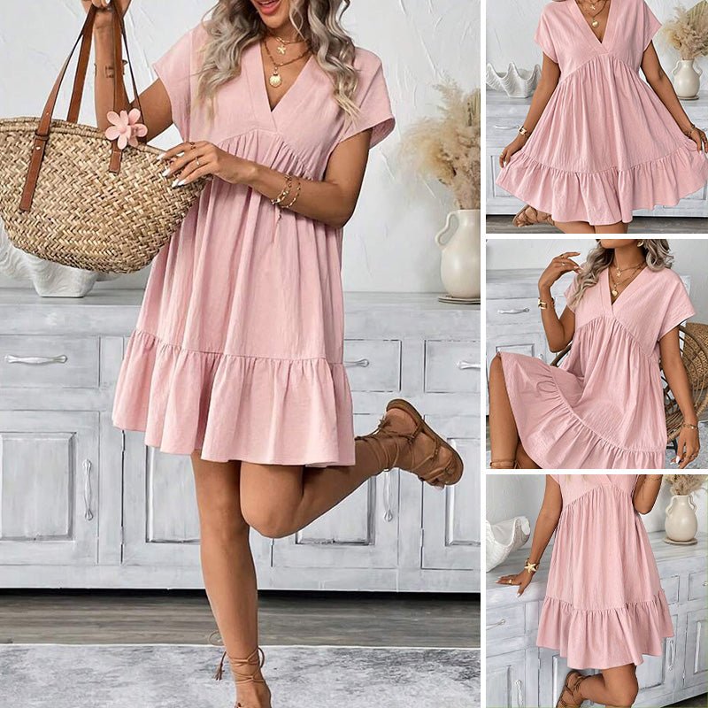 Women's V-Neck Loose-Fit Dress with Ruffle Hem Flattering V-Neck, Playful Ruffles – Your Go-To for Easy, Breezy Days