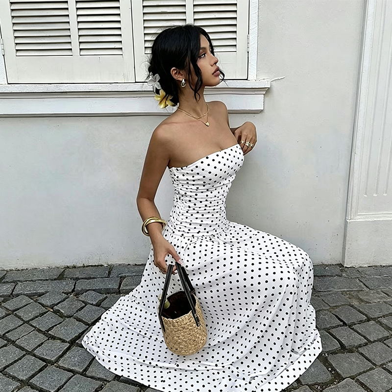 WOMEN'S OFF-SHOULDER POLKA DOT DRESS — Flattering Ruched Waist & Flowing A-Line Evening Wear