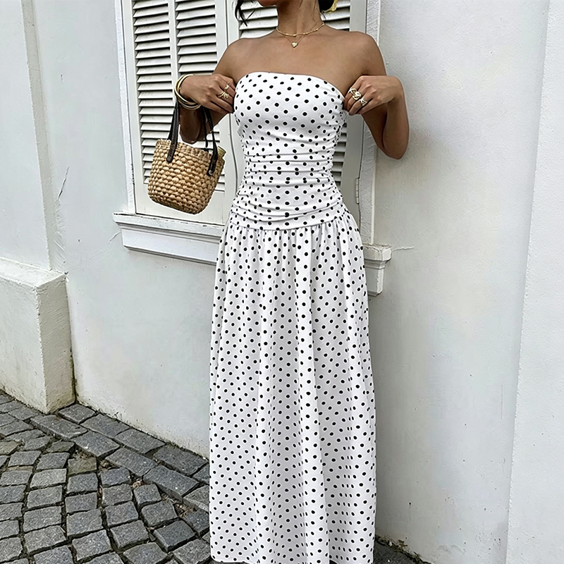 WOMEN'S OFF-SHOULDER POLKA DOT DRESS — Flattering Ruched Waist & Flowing A-Line Evening Wear - Image 3