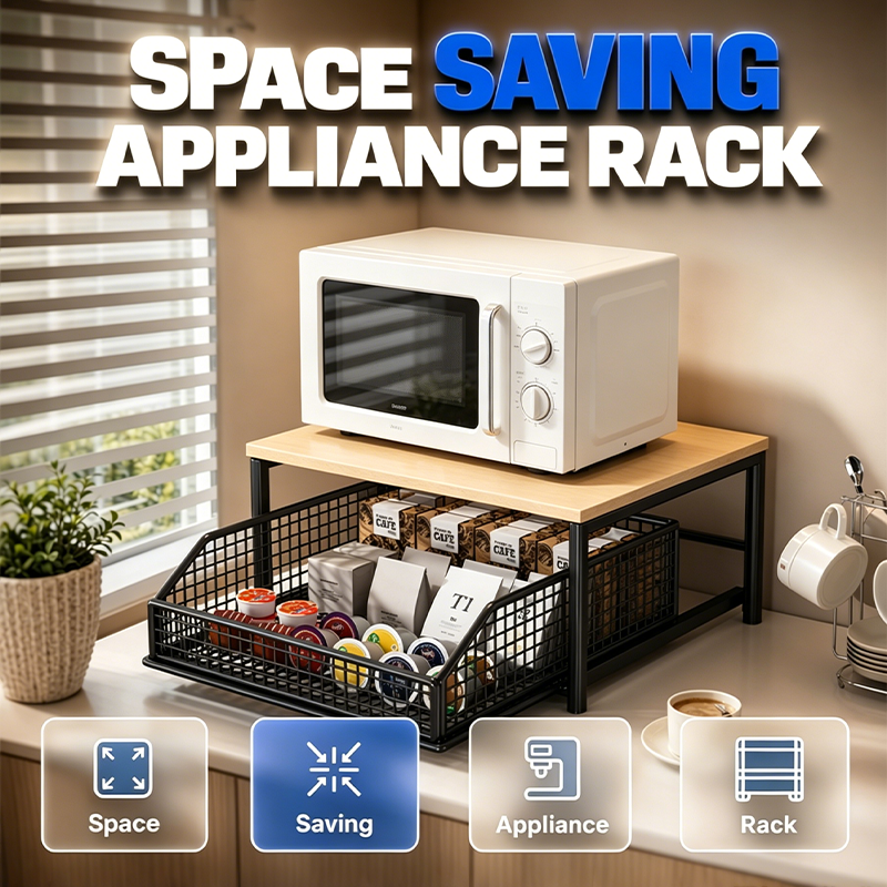 2-Tier Kitchen Microwave Stand with Slide-Out Drawer – Heavy-Duty Countertop Shelf, Space-Saving & Easy Access