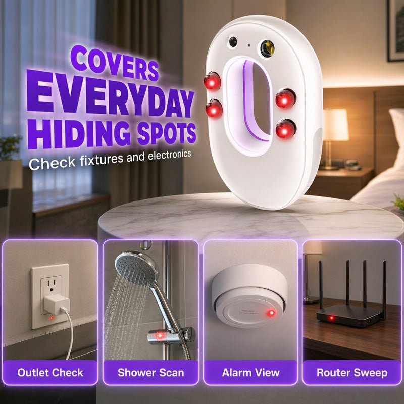 Smart Infrared Camera Detector – Finds hidden pinhole lenses instantly. LED flashlight & door alarm – travel with privacy & peace of mind