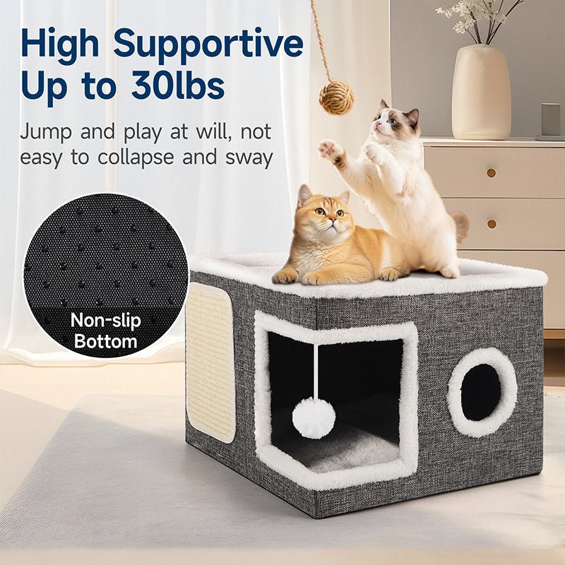 Foldable 2-in-1 Cat Cube House – Dual-level, scratch pad & comfy – Space-saving & portable for cats