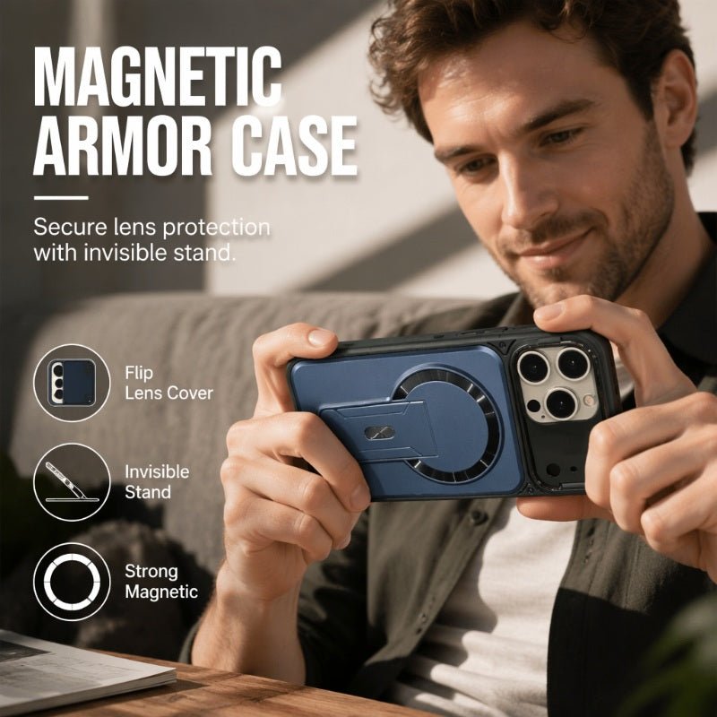 One Case, Three Upgrades – Magnetic, Flip Lens Cover & No-Bulk Stand. Fits iPhone 13-17.