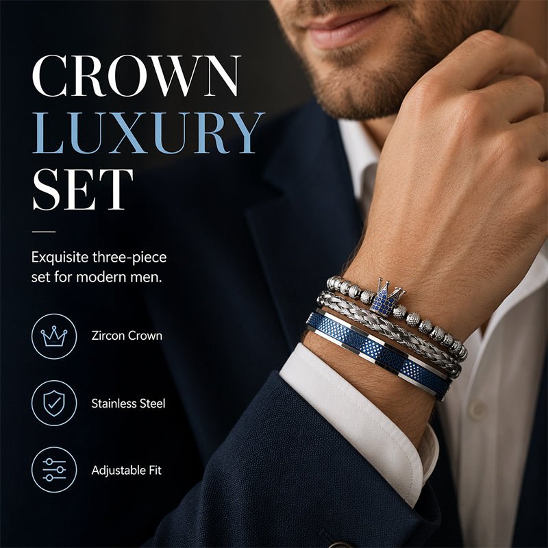 Men's Stainless Steel Crown Bracelet 3-Piece Set – Hand-Set AAA Zircons, PVD Electroplating & Adjustable 17-21cm Fit – Urban Luxury for Suits & Street Style