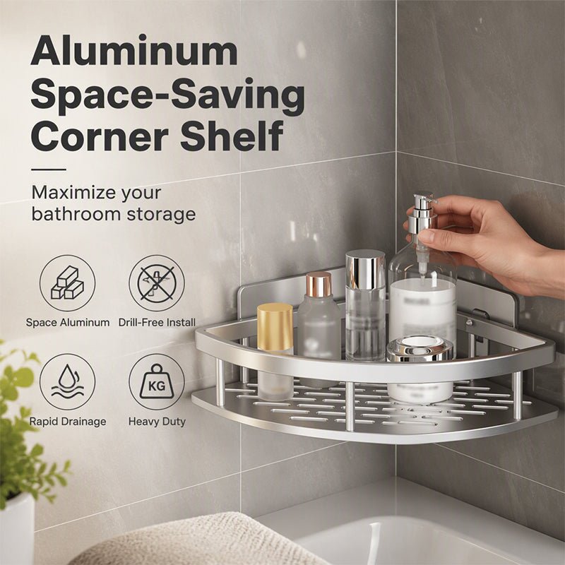 Drill-Free Corner Shower Storage – Easy Install Adhesive Bathroom Shelf