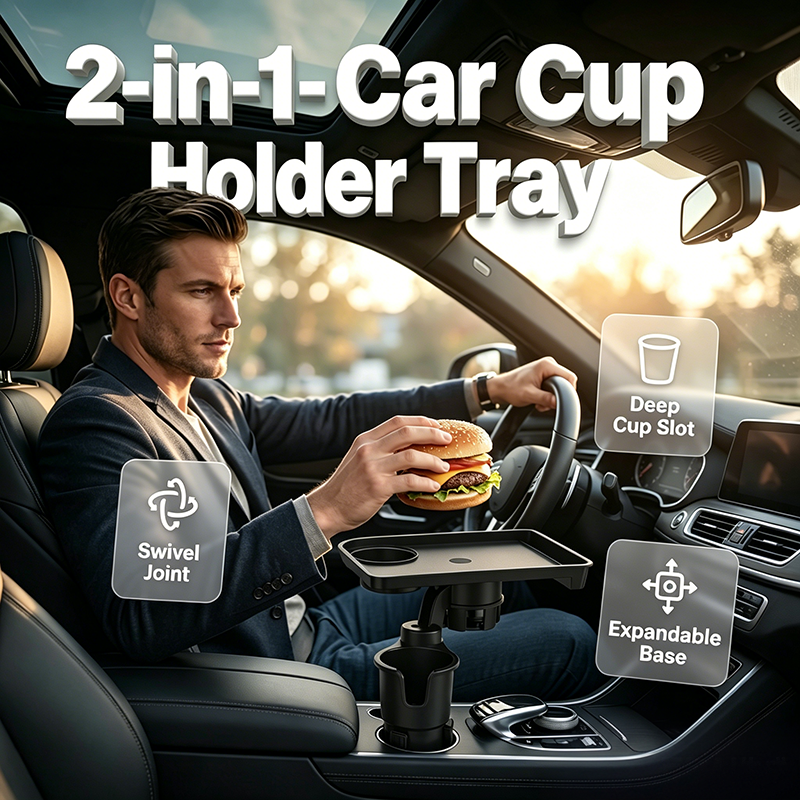 Car Cup Holder Expander with Detachable Tray – 360° Rotatable Food Table & Dual Cup Holder