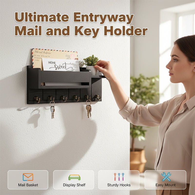 50%! Wall-Mounted Mail and Key Holder with Shelf – Wood – 30×12×7.8 cm – Black/Natural – Entryway Organizer for Mail, Keys and Decorations