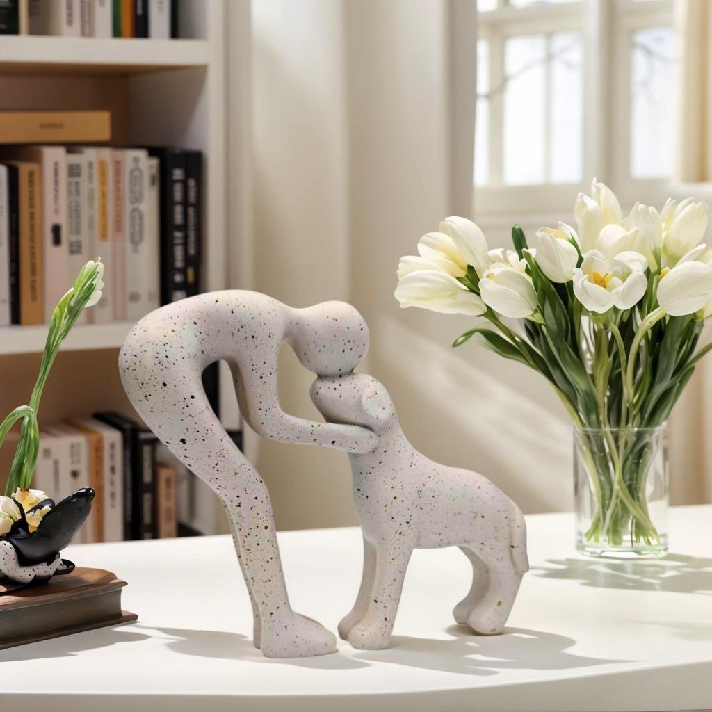 Man & Dog Sculptural Art Piece – Unique figurine, warm & affectionate, perfect for office, living room & bedroom.