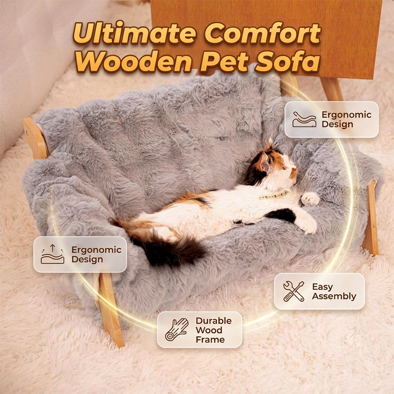 Elevated Plush Pet Bed with Wooden Frame – Premium Comfort, Sturdy Natural Wood & Removable Washable Cover