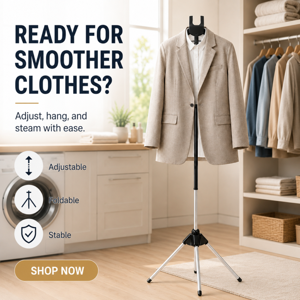 Steam, Hang & Smooth – Adjustable Garment Steamer Stand, Sturdy & Stable UK Stock