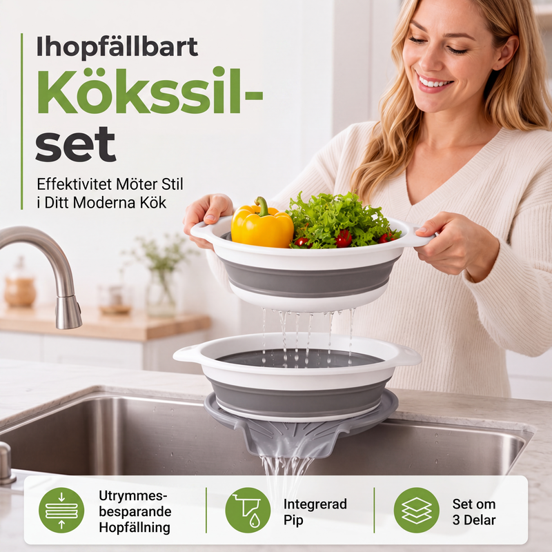 3-Piece Collapsible Colander Set with Draining Base – Space-Saving Kitchen Strainers for Fruits, Pasta & Vegetables