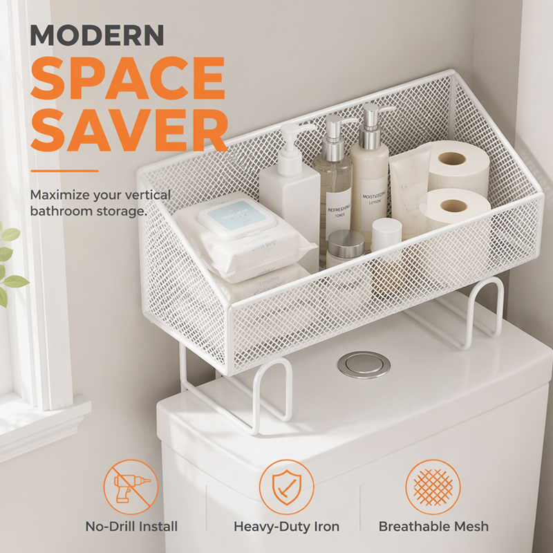 Space-saving over-toilet rack – no-drill, anti-rust, ventilated mesh.