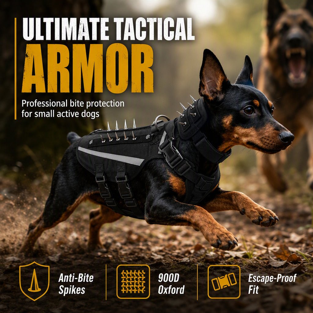 Tactical Dog Harness with Protective Spikes: Breathable Mesh, Oxford Fabric, Reflective Strips, Sizes XS-M