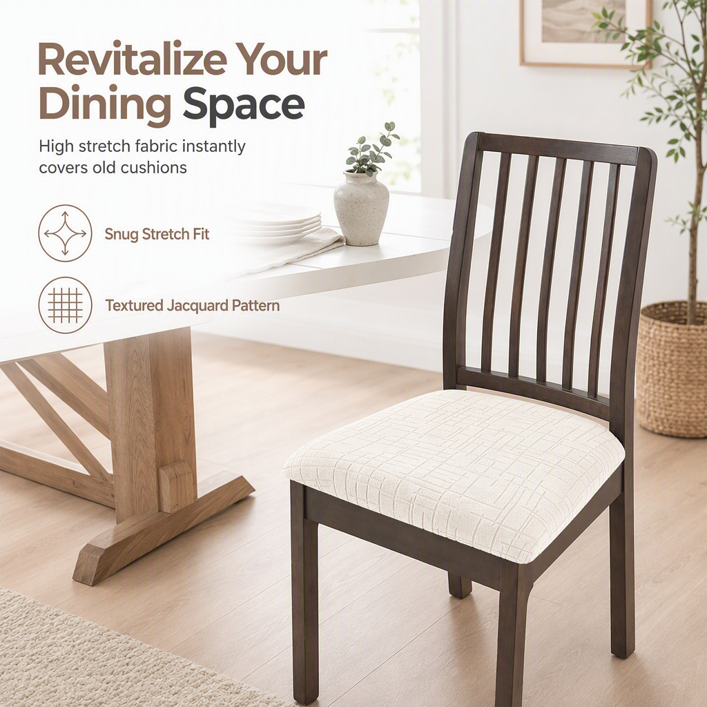 Stretch Dining Chair Seat Cover – Strapless Elastic Slipcover with Elegant Textured Pattern for Home Dining Room