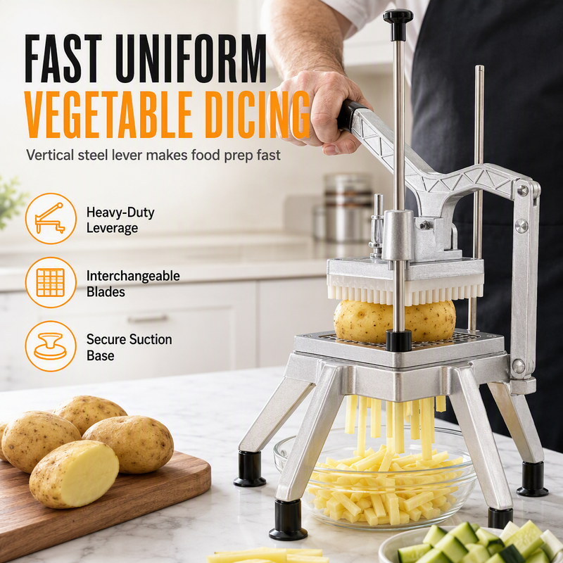 Vertical Manual Vegetable Cutter & Dicer – Stainless Steel French Fry Slicer, Heavy-Duty Lever Action & 4 Sharp Blades – Fast Uniform Cutting for Potatoes, Cucumbers & Radishes