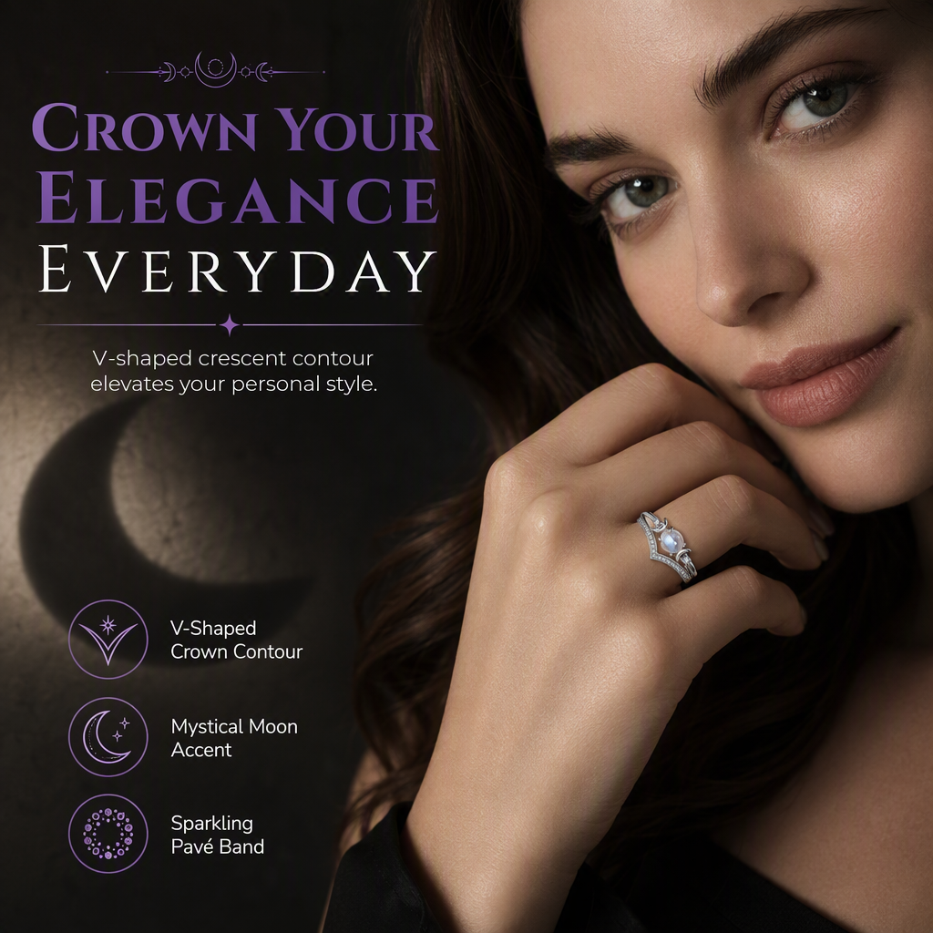 Vintage Gothic Crescent Moon Moonstone Ring – Platinum Plated V-Shaped Prong Setting, Pavé Sparkle & Ergonomic Comfort – Mystical Elegance for Every Day