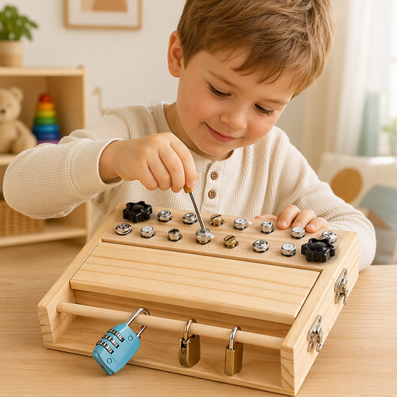 Montessori Wooden Screwdriver Board Toy – 18-in-1 Sensory Busy Board, Real Tools & Premium Natural Wood – Boost Motor Skills & Logical Thinking for Toddlers