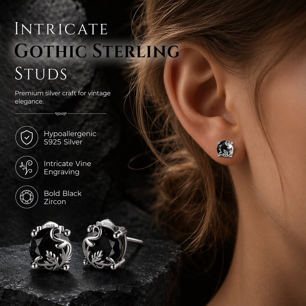Gothic Vine Stud Earrings: S925 Silver, Black Zirconia, Hypoallergenic, Lightweight, Vintage Gothic Style