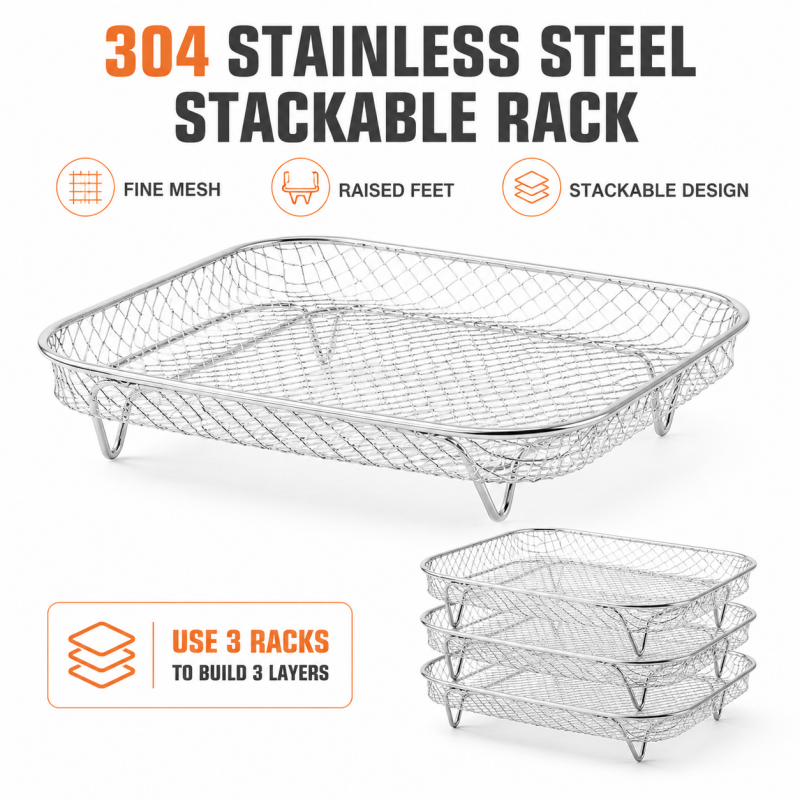3-Layer 304 Stainless Steel Air Fryer Rack, Stackable Grill Basket and Toast Rack for Chicken Wings and Toast, Cooking Rack for Indoor Kitchen Grill Accessories, Grilling Accessories - Image 3