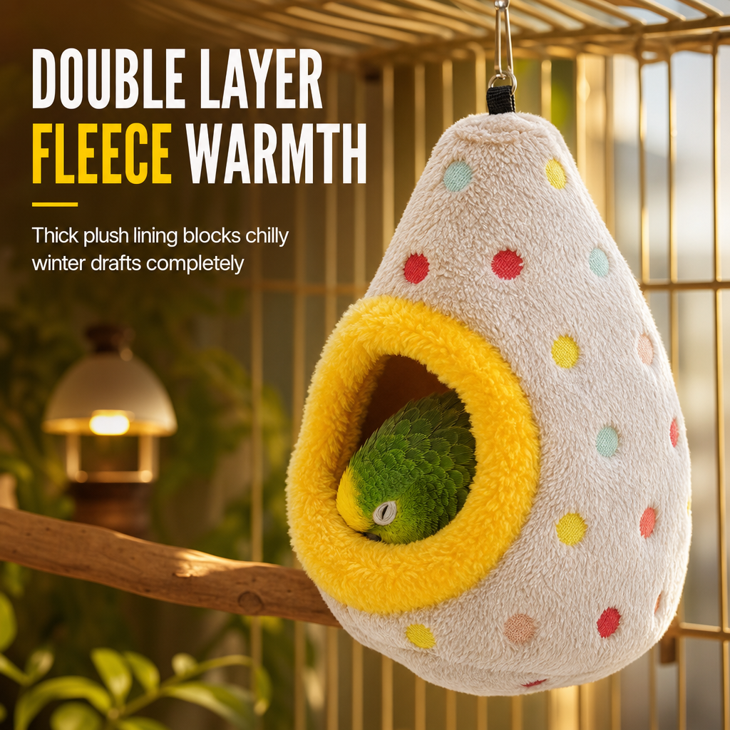 Hanging Cotton Bird Nest Hammock – Double-Layer Fleece Warmth, Enclosed Oval Nesting Cave & Durable Metal Hook – Cozy Winter Hideout for Small Birds