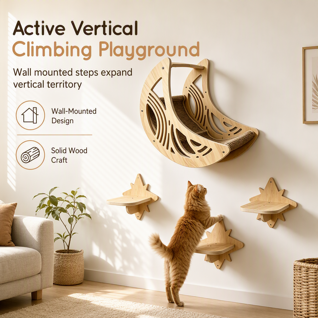 Wall-Mounted Wooden Cat Climbing Frame Set – 3 Jumping Steps, Moon Hammock & Sisal Mat, Premium Solid Wood – Space-Saving Vertical Playground for Active Pets