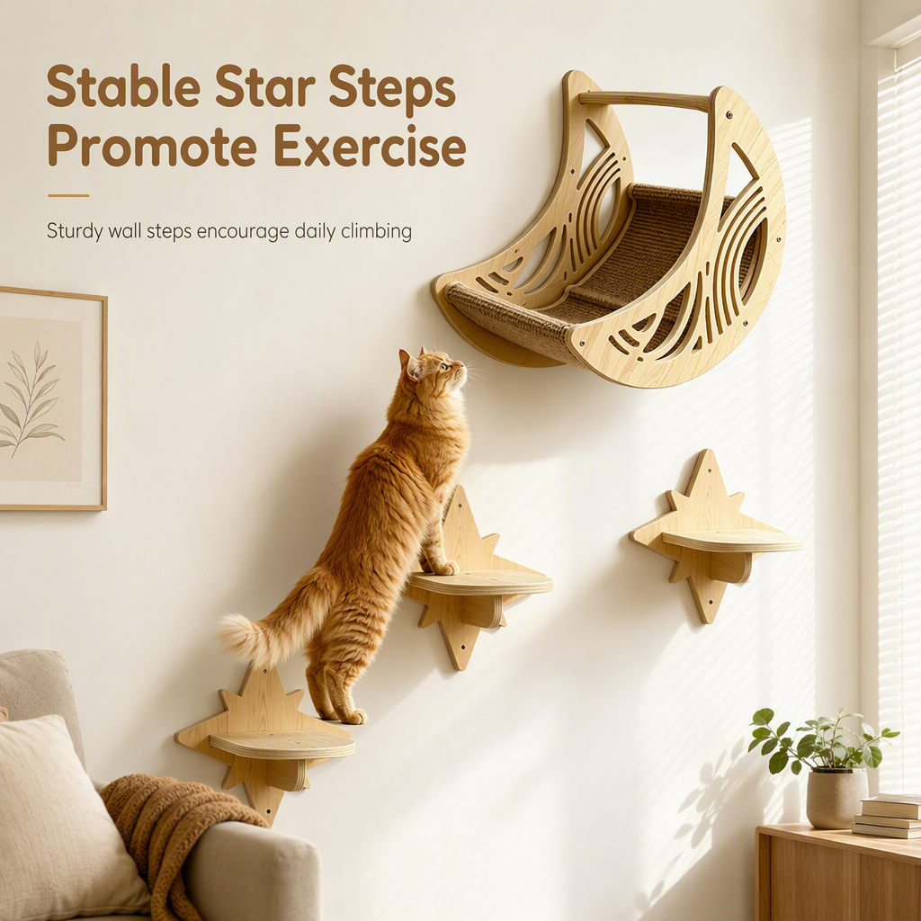 Wall-Mounted Wooden Cat Climbing Frame Set – 3 Jumping Steps, Moon Hammock & Sisal Mat, Premium Solid Wood – Space-Saving Vertical Playground for Active Pets - Image 3