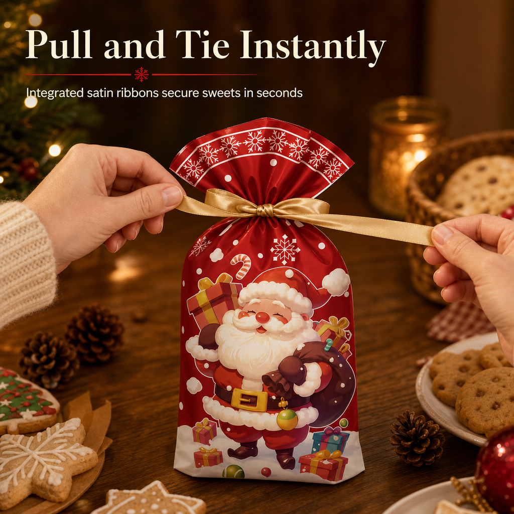 Christmas Drawstring Gift Bags with Ribbon (50 Pcs)