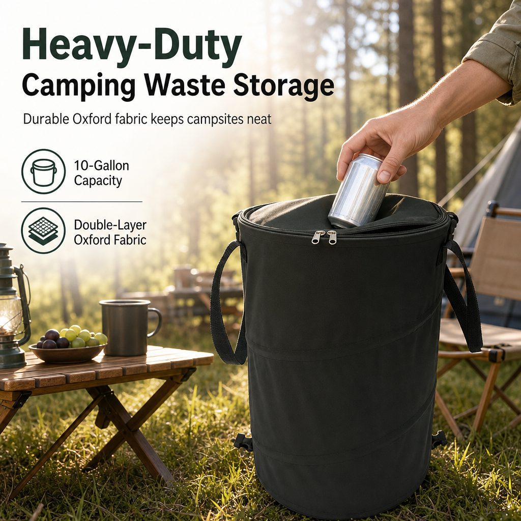 Collapsible Camping Trash Can with Lid – 600D Oxford, Large Capacity, Leakproof