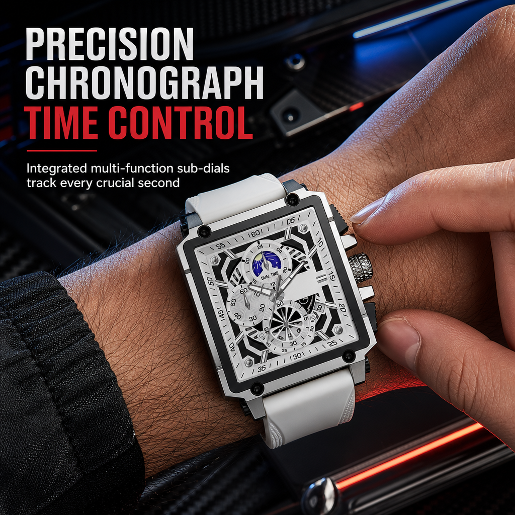 Men's Square Quartz Watch with Silicone Strap Hollow Dial and Calendar Business Casual Wristwatch - Image 3