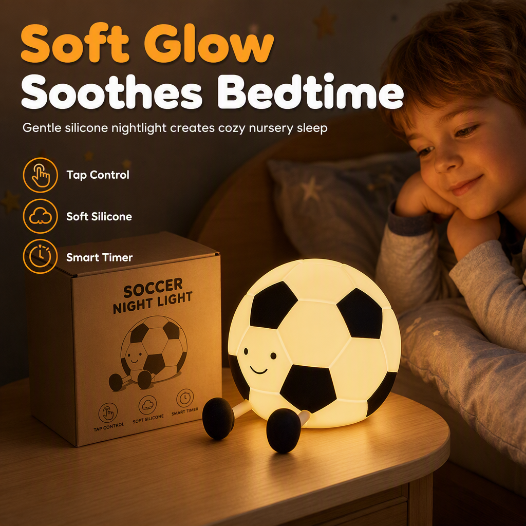 Rechargeable Soccer Night Lights – Eye-Caring Silicone Tap Lamp | Soft Glow, Cute Design | Perfect Nursery Lamp for Kids' Bedroom.