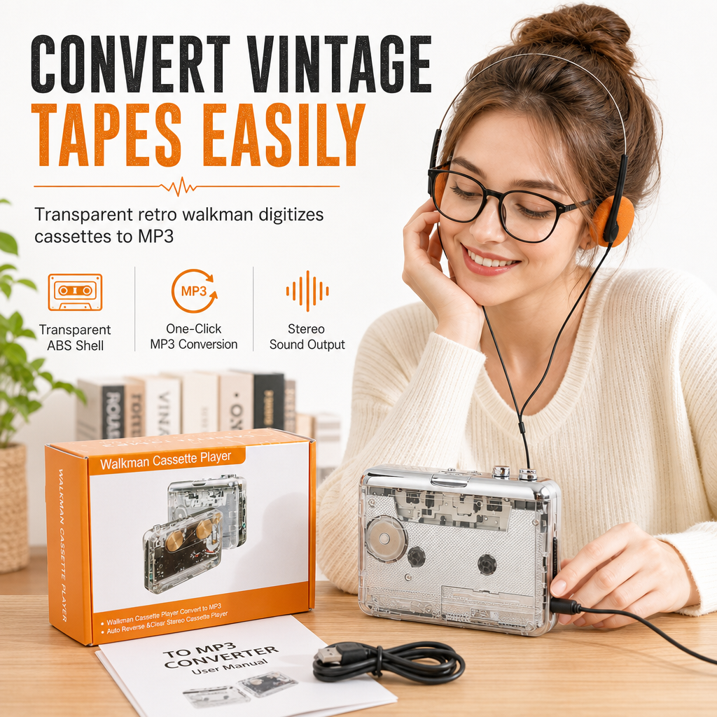 Transparent Portable Cassette Player & Tape to MP3 Converter with Type-C