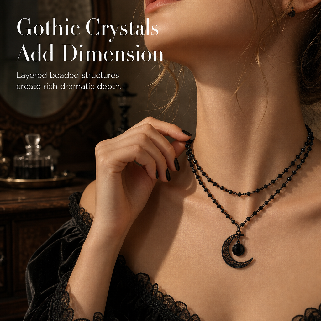 Gothic Dark Crystal Beaded Chain Necklace with Hollow Out Moon Alloy Pendant - Image 3