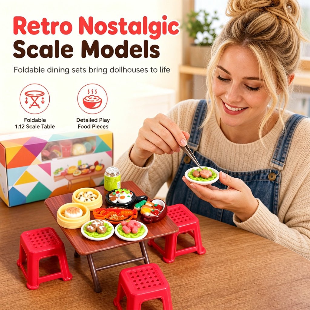 Miniature Folding Table & Chair Toy Set – Retro Wood-Grain Scale Models, Realistic Simulated Play Food & Space-Saving Foldable Design – Perfect Dollhouse Pretend Play for Kids