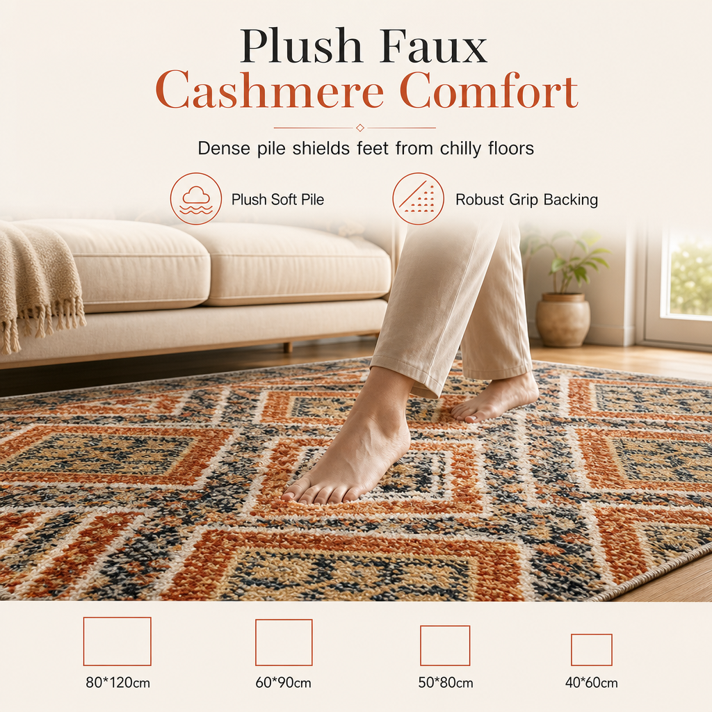 Soft Faux Cashmere Area Rug: Non-Slip, Machine Washable, Plush Pile, for Living Room & Bedroom
