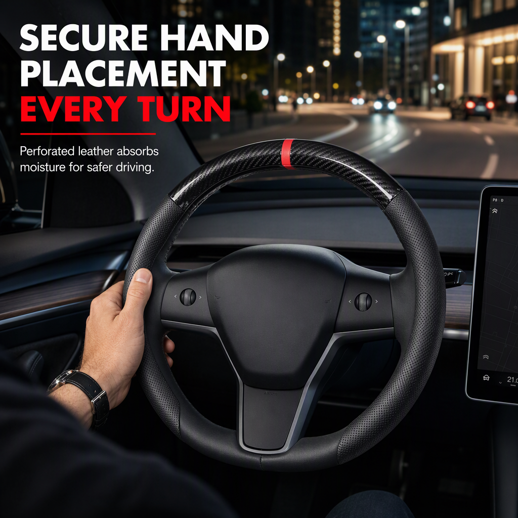 5D Carbon Fiber and Nappa Leather Car Steering Wheel Cover Breathable Sweat Absorbing Non Slip Steering Wheel Protector 38cm - Image 3