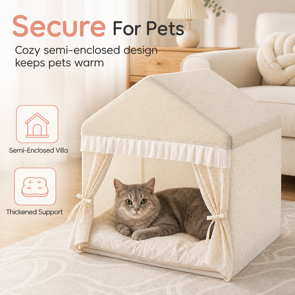 Semi-Enclosed Indoor Pet Tent House – Cloud-Like Thickened Padding for Joint Relief, Breathable Mesh Roof & Draft-Free Secure Design – All-Season Cozy Sanctuary for Cats & Dogs in Any Corner