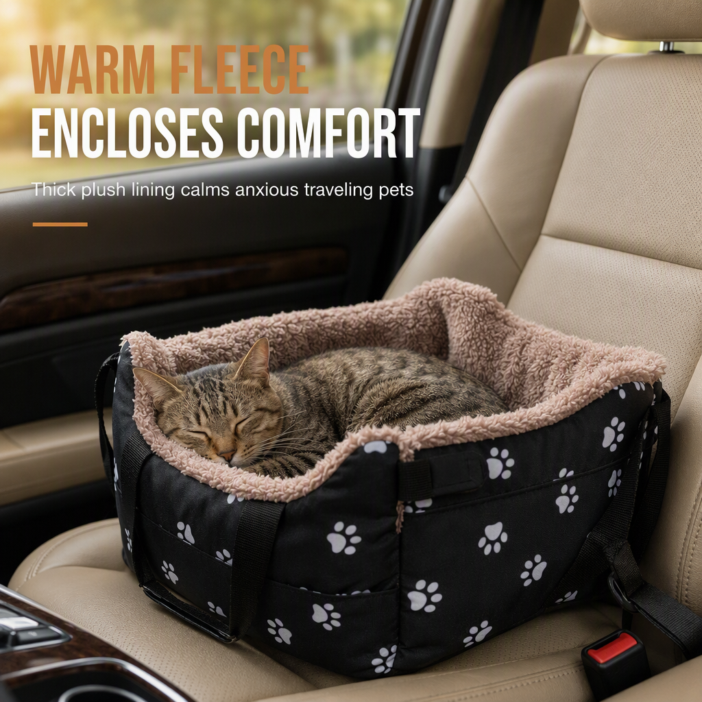 Portable Warm Plush Cat Carrier Bag and Car Travel Bed with Paw Print Anti-Collapse Design for Outdoor Travel - Image 3