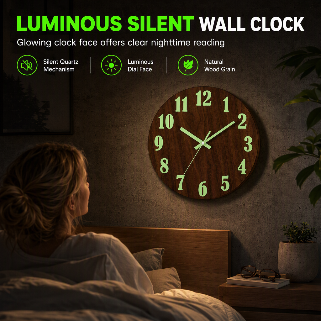 12-Inch Silent Wooden Wall Clock – Luminous Glow & MDF Wood Grain