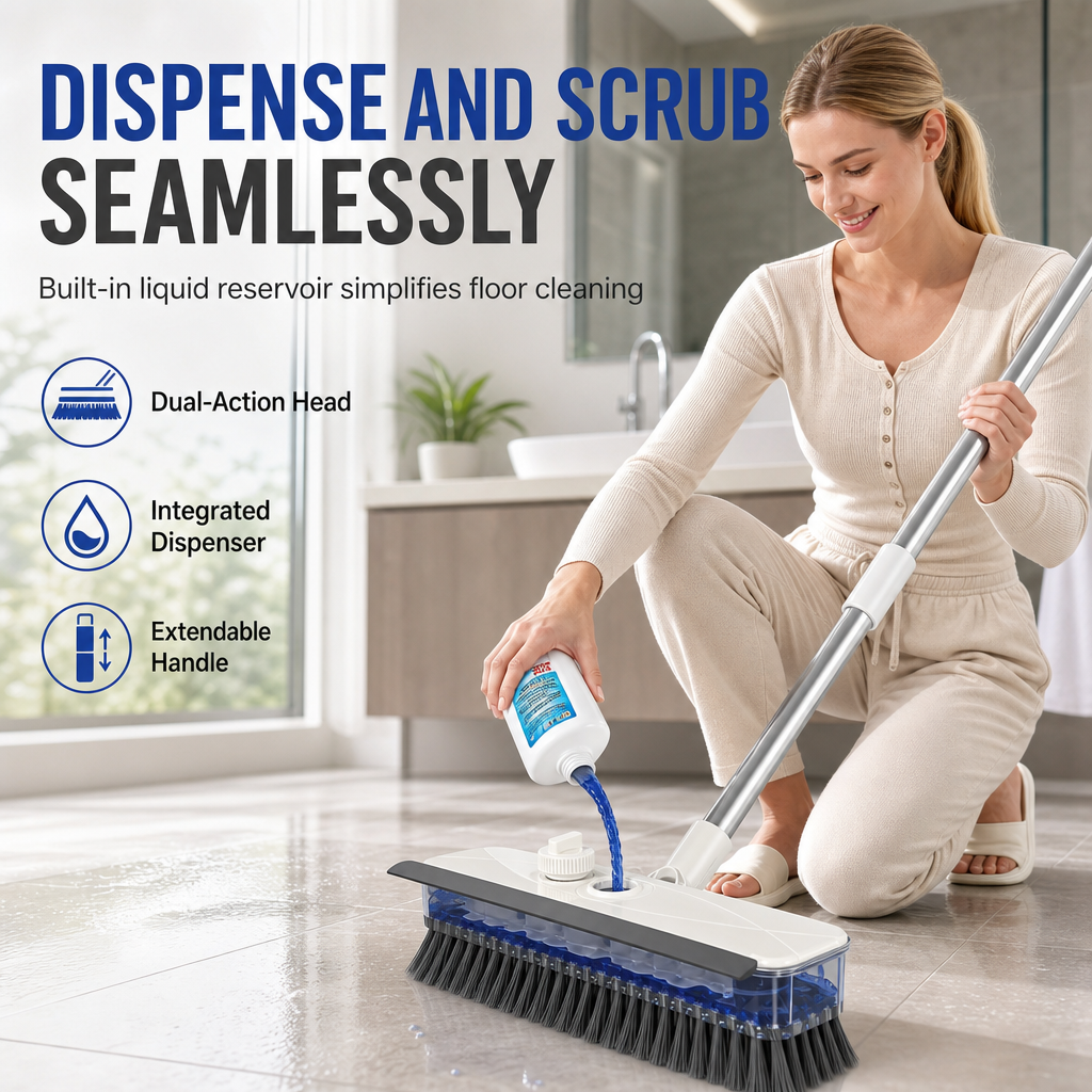4-in-1 Liquid Dispensing Floor Brush – Scrub, scrape, squeegee & tweezers, long handle, stiff bristles – deep clean any floor.